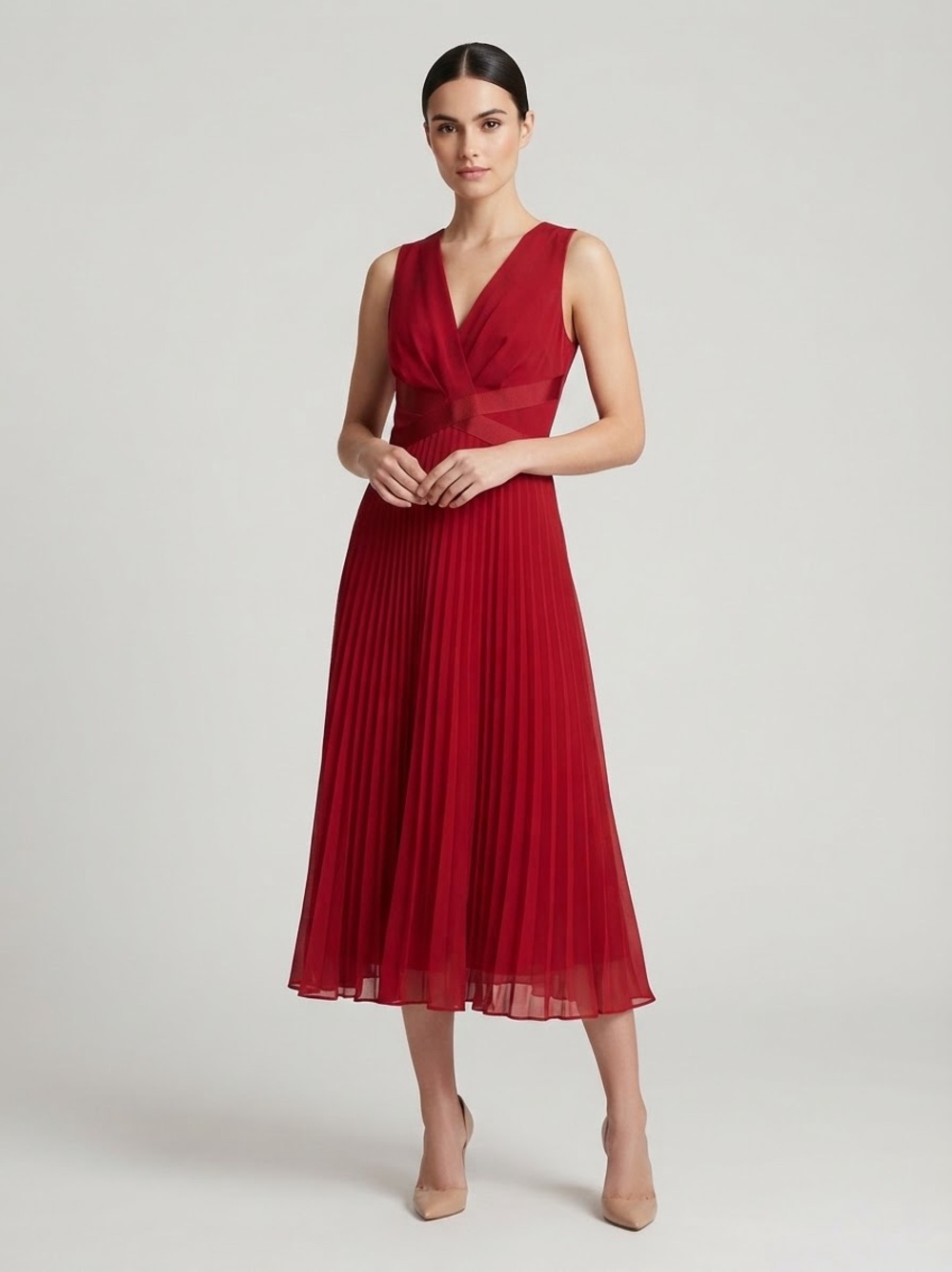 White House Black Market Red Pleated V-Neck Midi Dress